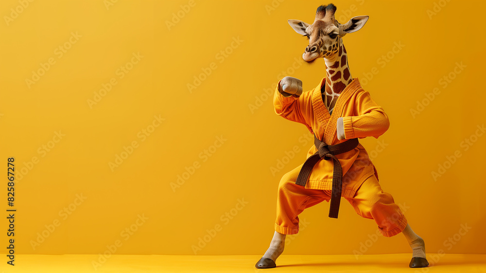 A whimsical and humorous image of a giraffe dressed in a karate uniform striking a martial arts pose against a vibrant yellow background.