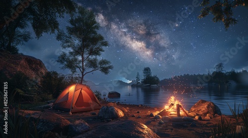 Serene Camping Night  Tent Under Starry Sky with Roasting Marshmallows by Campfire