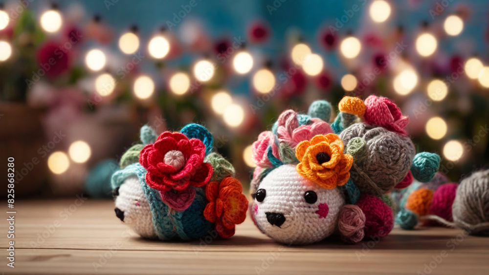 Fototapeta premium Crochet Amigurumi Style - Feria de las Flores with String Lights - Perfect for event promotions, decorative art, and cultural projects.