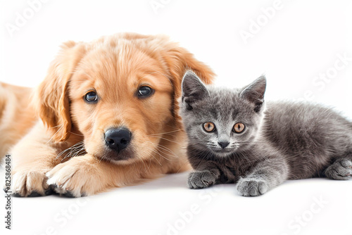 A dog and a cat laying on a white background