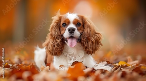  A small brown-and-white dog lies atop a pile of multi-hued leaves The leaves rest atop a larger mound of brown ones photo