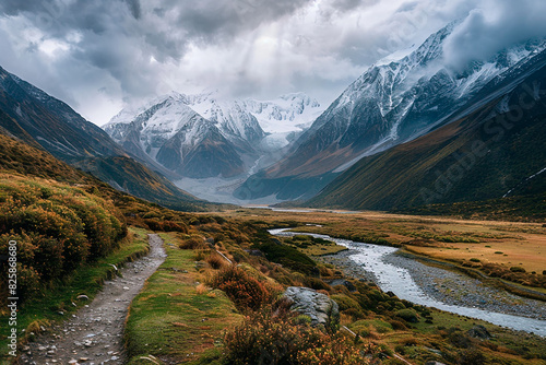 A mountain range with a river running through it