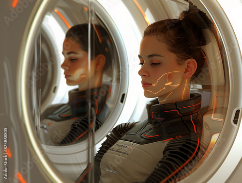 A woman sits in a modern medical office, her face glowing with hope as the AI doctor, a compassionate holographic figure, listens attentively and provides personalized medical advice. © stefanholm