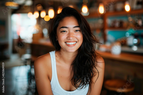 A woman with long hair is smiling at the camera in a restaurant
