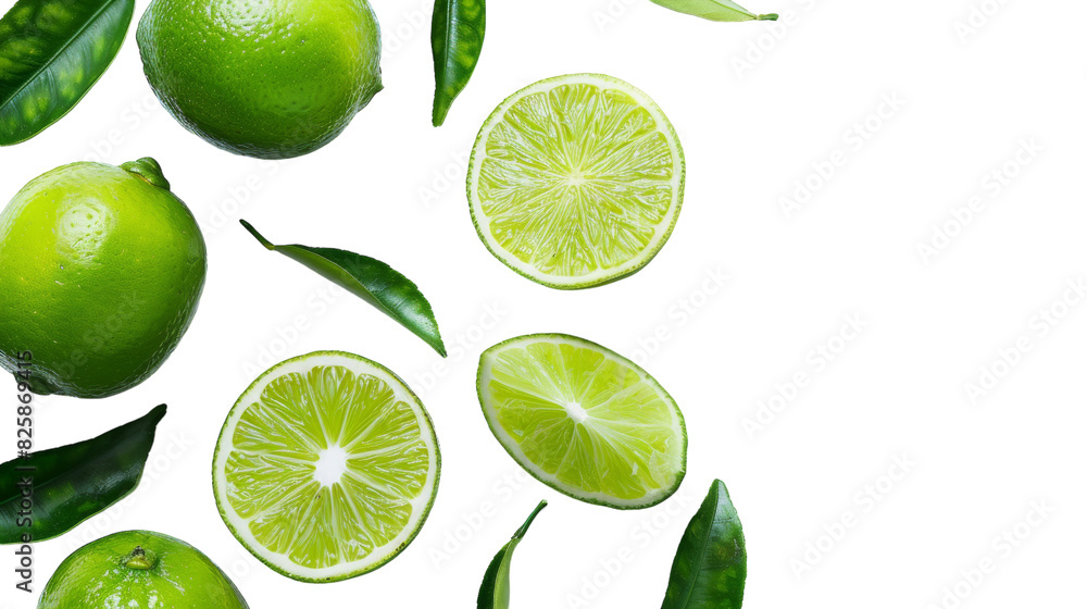 Several fresh limes and green leaves neatly arranged on a clean white background Several fresh limes and green leaves neatly arranged on a clean white background