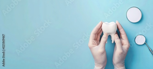 Dental clinic banner. The hands of a dentist hold a model of a healthy white tooth and a mirror on a blue background. Copy space. 