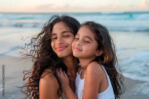 Two young girls are hugging on the beach  one of them has her tongue out