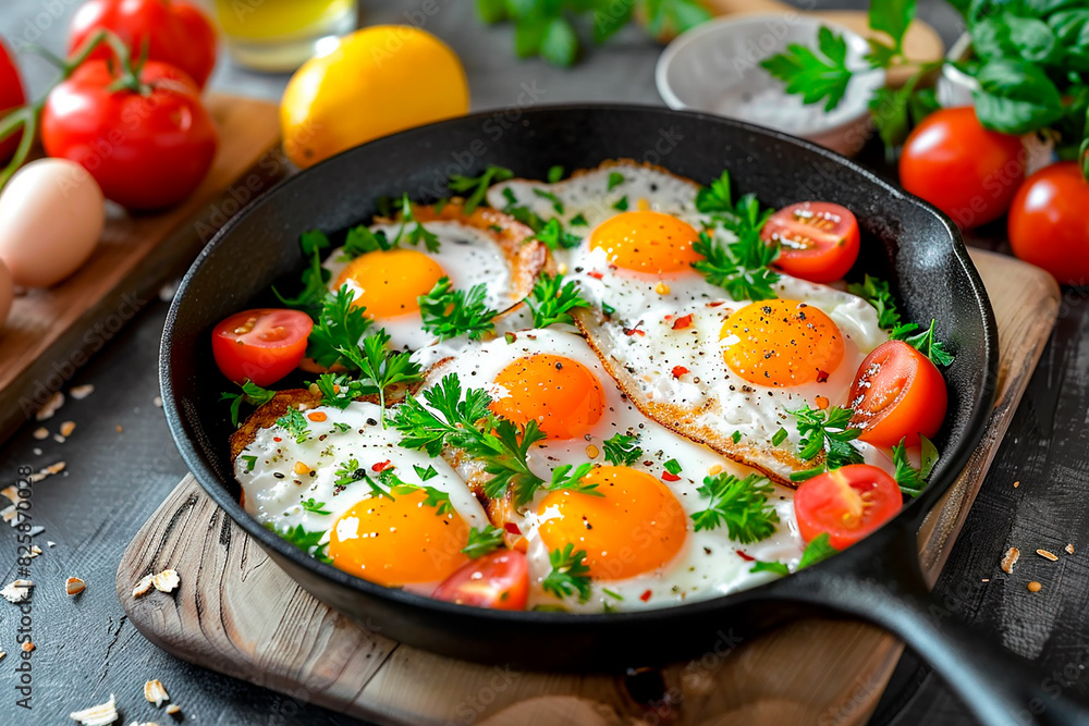 A black pan with eggs and tomatoes on top of a wooden cutting board A black pan with eggs and tomatoes on top of a wooden cutting board