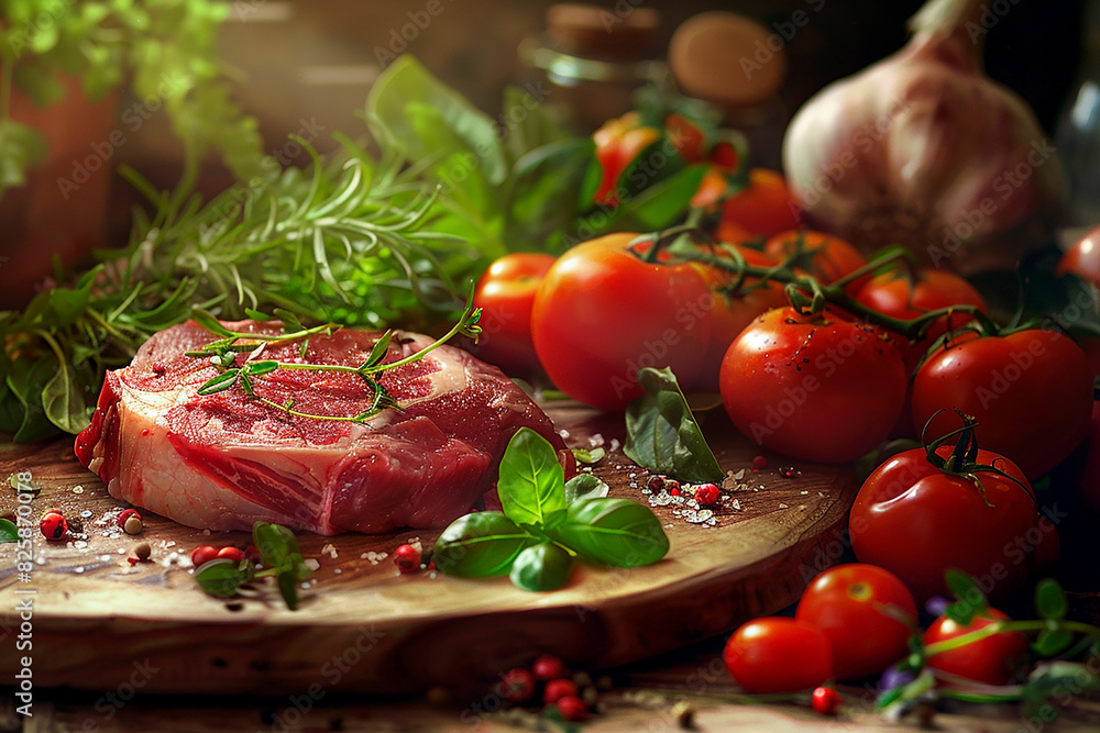 A slab of meat with a bunch of herbs and tomatoes on a wooden cutting board A slab of meat with a bunch of herbs and tomatoes on a wooden cutting board