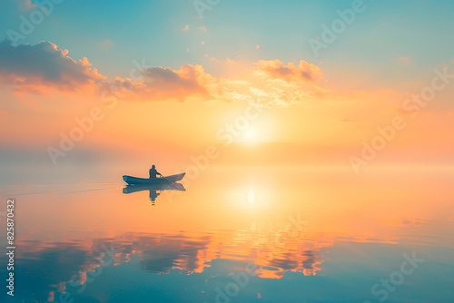 A man is in a boat on a lake  with the sun setting in the background