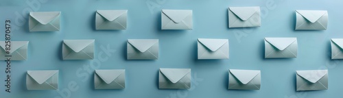 Grid of paper envelopes on a blue backdrop, metaphor for systematic information distribution or bulk mailing
