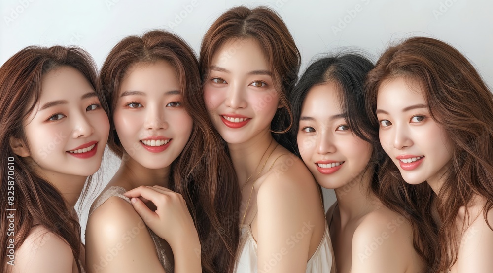 Obraz premium A group of beautiful Korean women with long hair, smiling and posing for the camera in various poses. They have natural makeup and bright smiles that radiate confidence and beauty.