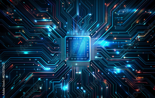 Abstract circuit board background with a chip and blue light effect on a dark blue color. High quality, sharp focus illustration for a tech concept background. The power source is the central processi