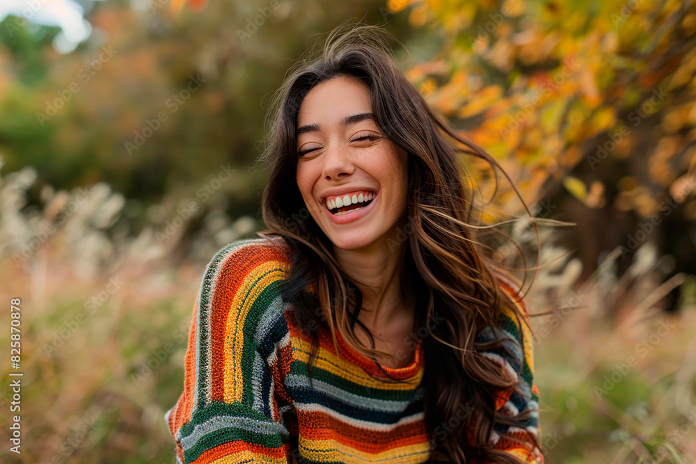 A woman is smiling and wearing a colorful striped sweater A woman is smiling and wearing a colorful striped sweater