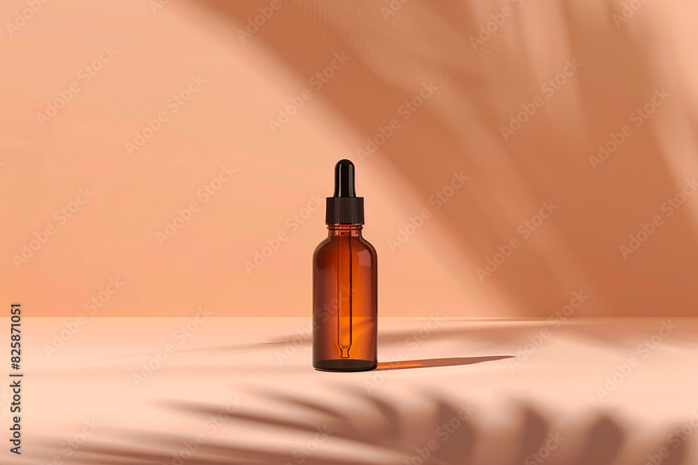 Amber dropper bottle with shadow on peach background, minimalistic mockup for skincare products Amber dropper bottle with shadow on peach background, minimalistic mockup for skincare products