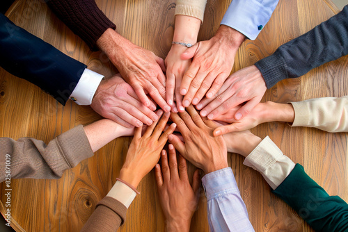 Diverse group of hands joined together on a wooden table, symbolizing unity and teamwork