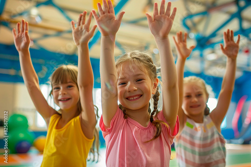 Happy children raising their hands in a gym, symbolizing fun and fitnes
