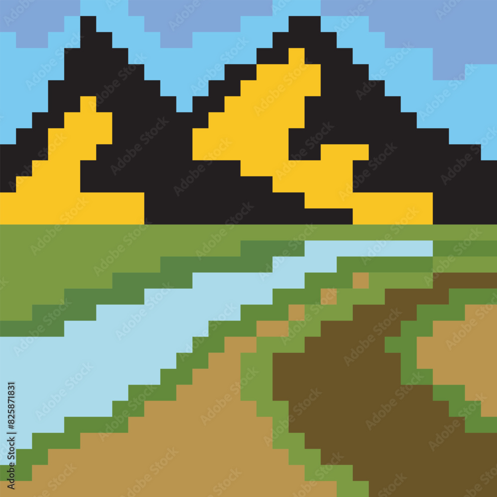 Fototapeta premium Mountain and river landscape in pixel art style