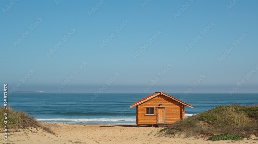 A solitary little wooden cabin on the sandy coastline A solitary little wooden cabin on the sandy coastline