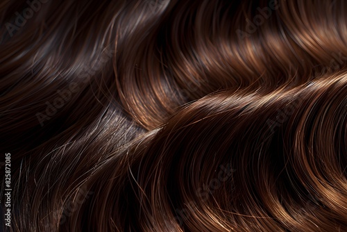 Elegant swirls of brown hair with a silky texture. Close-up. Shiny healthy hair texture for stunning backgrounds.
