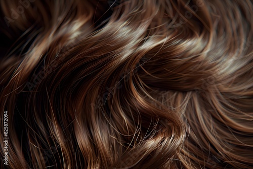 Elegant swirls of brown hair with a silky texture. Close-up. Shiny healthy hair texture for stunning backgrounds.