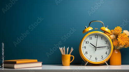 A simple and modern office background with a white desk, a minimalist clock, a laptop, and colorful desk accessories, adding a playful yet professional touch. photo