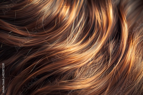 Elegant swirls of red hair with a silky texture. Close-up. Shiny healthy hair texture for stunning backgrounds.