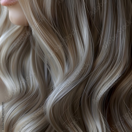 Elegant swirls of golden blond hair with a silky texture. Close-up. Shiny healthy hair texture for stunning backgrounds.