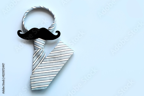 Happy Father's Day. Top view of necktie and false mustache with copy space for text