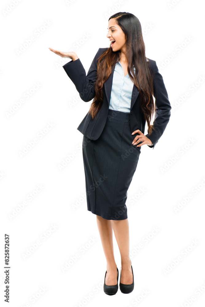 Happy, showing and business with Indian woman, corporate fashion and secretary isolated on white studio background. Full body, promotion and receptionist with about us and opportunity for employment Happy, showing and business with Indian woman, corporate fashion and secretary isolated on white studio background. Full body, promotion and receptionist with about us and opportunity for employment