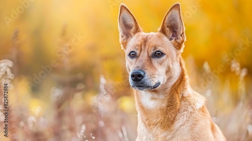  A tight shot of a dog in a sea of towering grass Its face, crystal-clear, gazes directly into the lens, while the grassy backdrop gently blurs behind