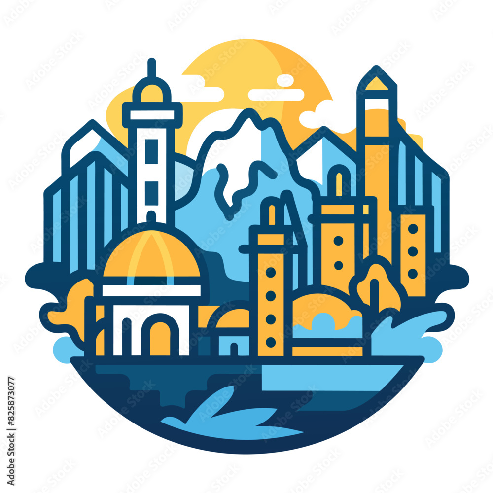 Fototapeta premium Cityscape with a Golden Dome and Tall Buildings