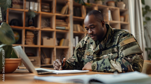 Happy african american man wearing military uniform sitting at table and working