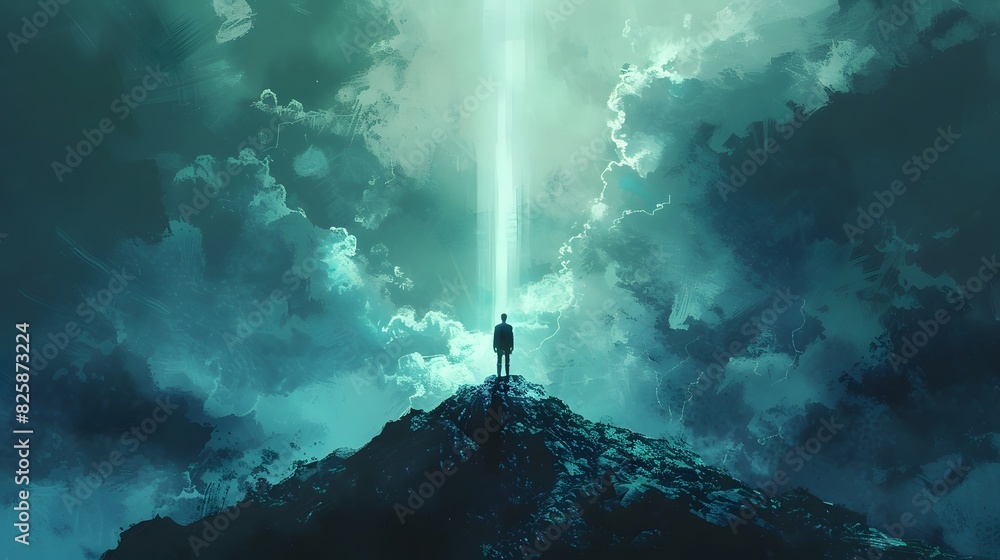 A solitary person stands atop a mountain, bathed in a mystical beam of light breaking through dramatic clouds.
