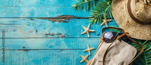 Summer vacation essentials including a hat, sunglasses, bag, and starfish on a blue wooden background, evoking a tropical beach vibe. photo