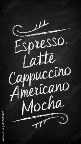 mage of a chalkboard coffee menu with a variety list of espresso, Latte, Cappuccino, Americano, Mocha, written in chalk.