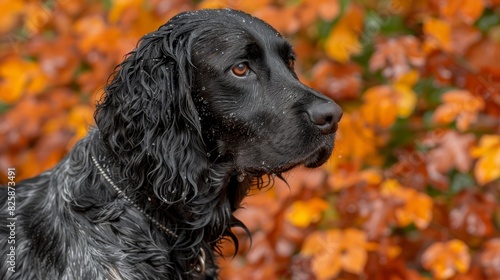  A wet black dog stands before a tree, orange and yellow leaves draped in its branches In the foreground, a tree displays green and yellow hues, adorned with orange leaves