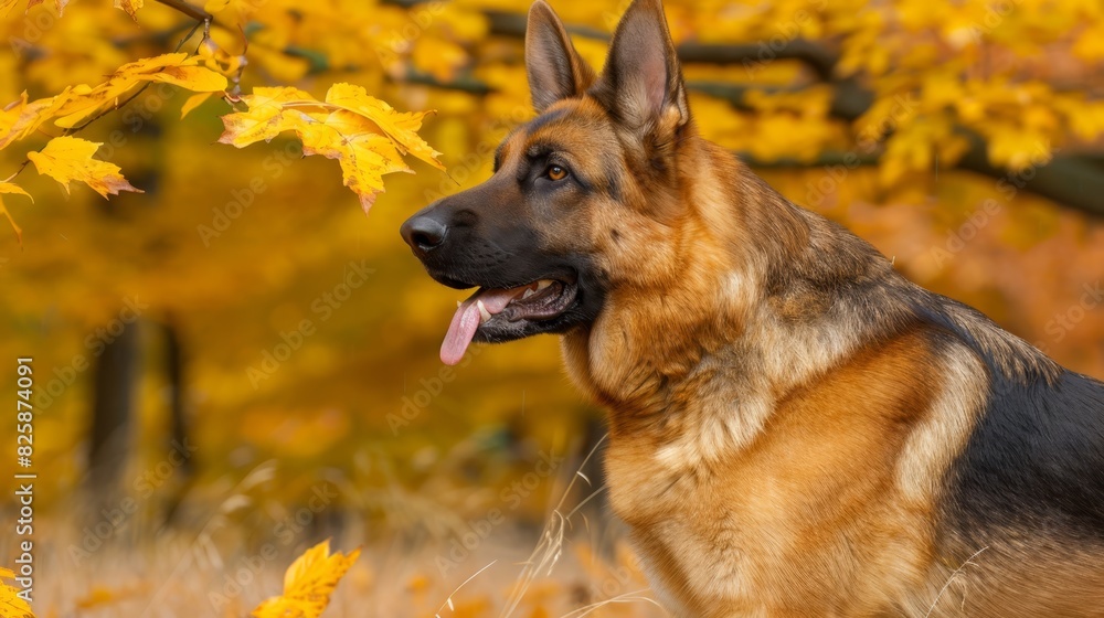  A German Shepherd stands before a tree, tongue out, mouth agape; nearby, a field of golden leaves unfurls