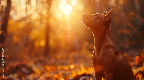  A dog gazes up at the sky in a forest Sunlight filters through leaves above, casting dappled patterns on the ground where they lie thickly The sun shines brightly photo