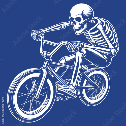 White vector illustration of a skull skeleton riding a bicycle isolated on a blue background.