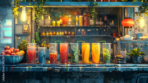 Vibrant Street Food Beverage Stall Scene with Diverse Drink Options in High Resolution Realistic Concept for Food Tours