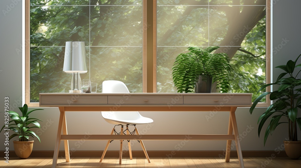 A mock-up of a minimalist office with a glass desk, a white ergonomic chair, a laptop, and a notepad, providing a clear and uncluttered workspace. A mock-up of a minimalist office with a glass desk, a white ergonomic chair, a laptop, and a notepad, providing a clear and uncluttered workspace.