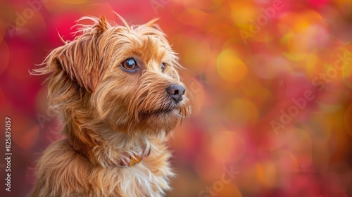  A tight shot of a dog's face surrounded by a hazy foreground of leaves