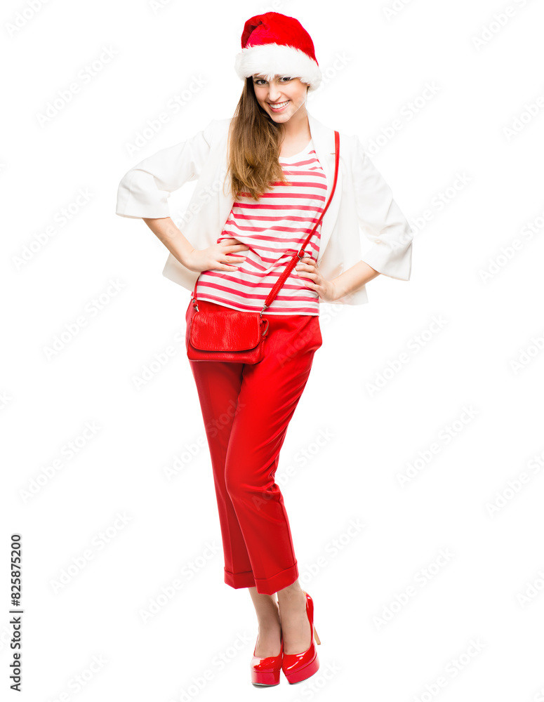 Woman, portrait and Christmas hat in studio on white background for festive season, fashion or mockup space. Female person, face and happy holiday for gift giving or present, discount or celebration Woman, portrait and Christmas hat in studio on white background for festive season, fashion or mockup space. Female person, face and happy holiday for gift giving or present, discount or celebration