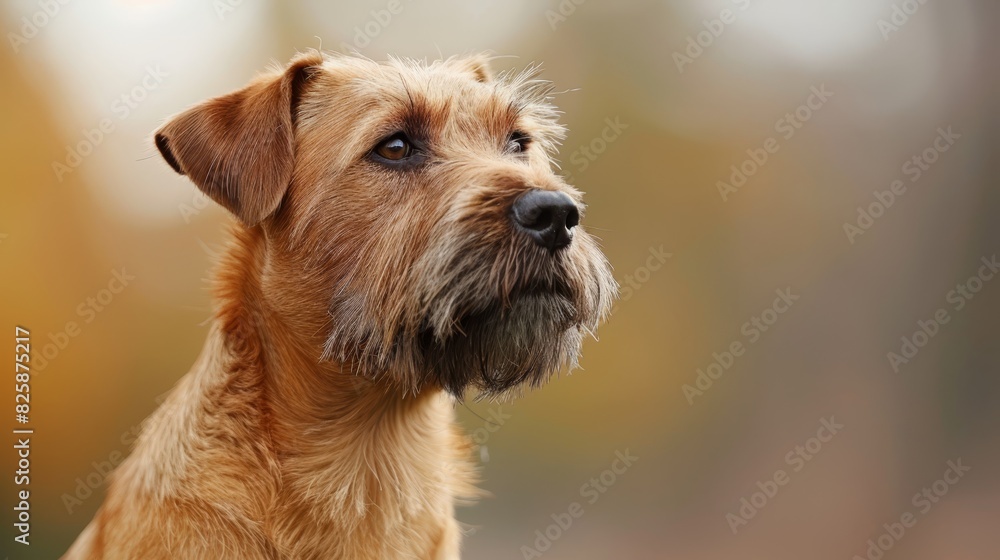 A tight shot of a dog gazing away, distant trees and grass softly blurred in the foreground background A tight shot of a dog gazing away, distant trees and grass softly blurred in the foreground background