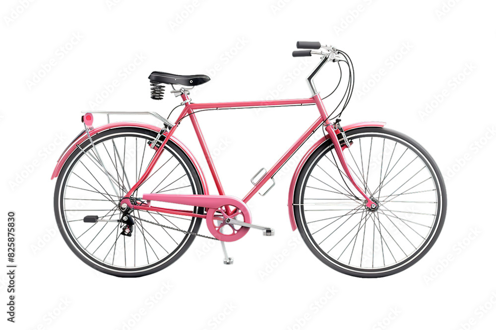 Pink bicycle on transparent background, side view, details visible