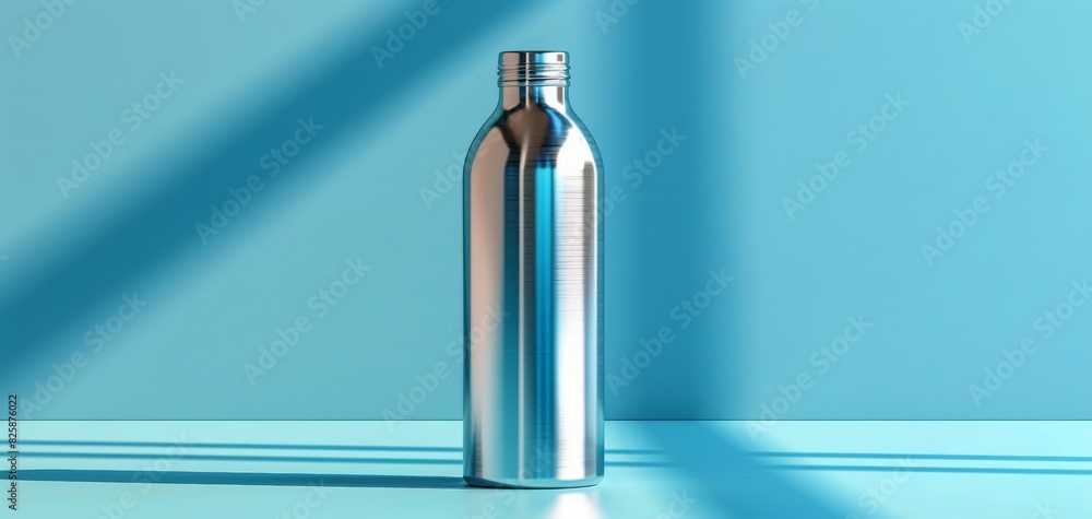 Stainless steel water bottle on a light blue background with shadows, showcasing modern design and minimalistic aesthetics. Stainless steel water bottle on a light blue background with shadows, showcasing modern design and minimalistic aesthetics.