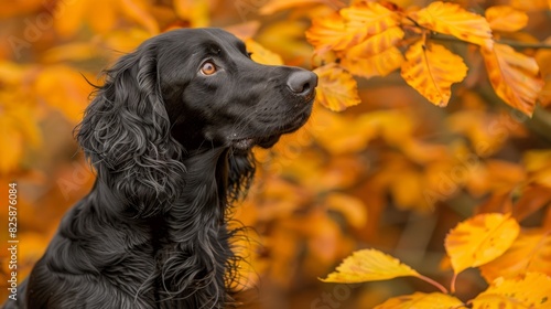  A tight shot of a dog gazing at a tree In the foreground, yellow leaves predominate Behind the dog, an orthodox black canine and orange-hued fol