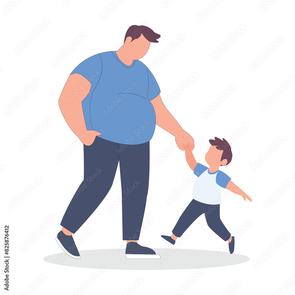 Smiling man playing with his child kid outdoors flat vector illustration on white background