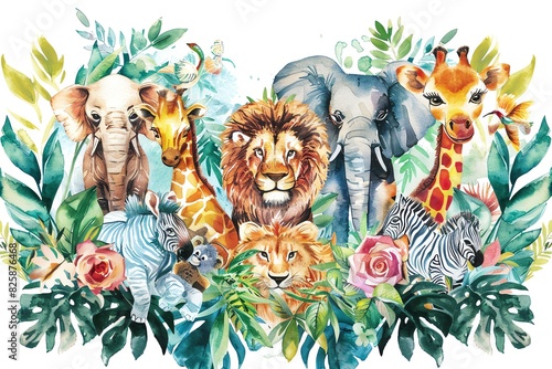 Colorful and charming safari animals with joyful expressions  including lions  elephants  and zebras in a lively jungle background